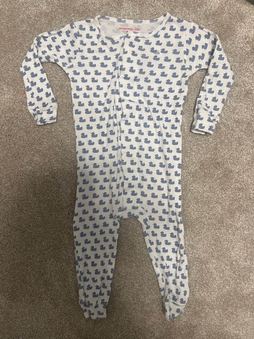 Magnetic Me White One-Piece Footed Pajamas with Blue Duck Print